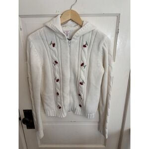 Gymboree Vintage Y2K Women's Ivory Cherry Zip Cropped Cable Knit Cardigan Size L